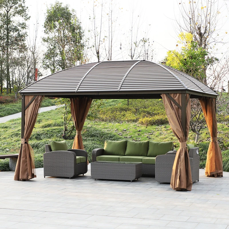Outsunny 10' x 13' Hardtop Gazebo with Curtains, Netting, Pavilion with Steel Roof Ceiling Hook for Garden Patio, Brown