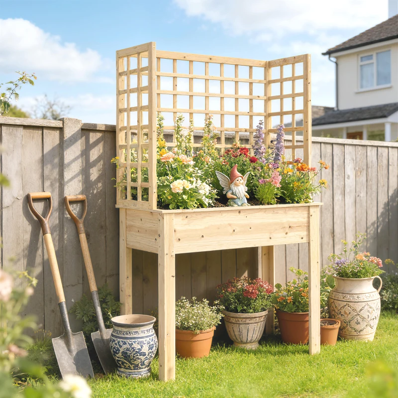 Outsunny Wooden Raised Garden Bed with 3 Trellises, Outdoor Raised Planter with Drainage Holes