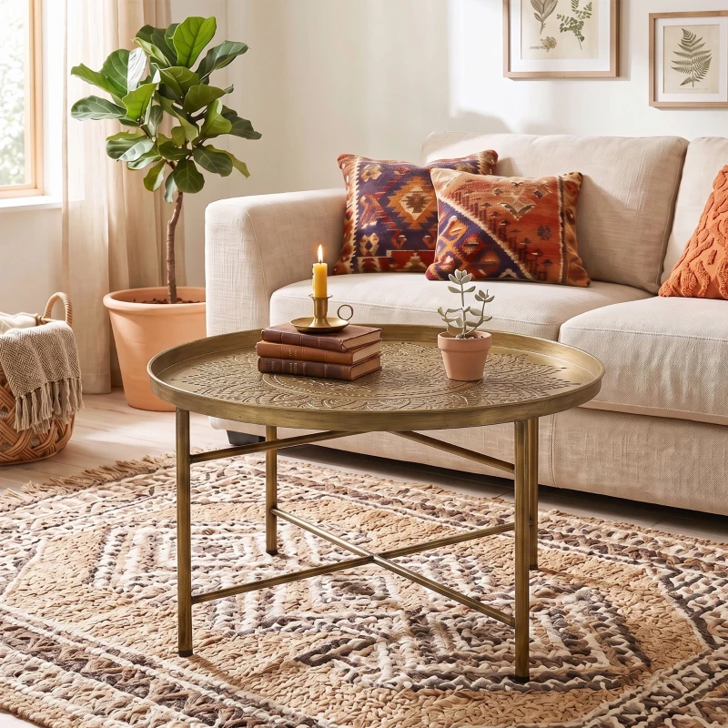 HOMCOM Coffee Table for Living Room, 24" Round Center Table with Hammered Tray Top and Metal Frame for Bedroom, Gold