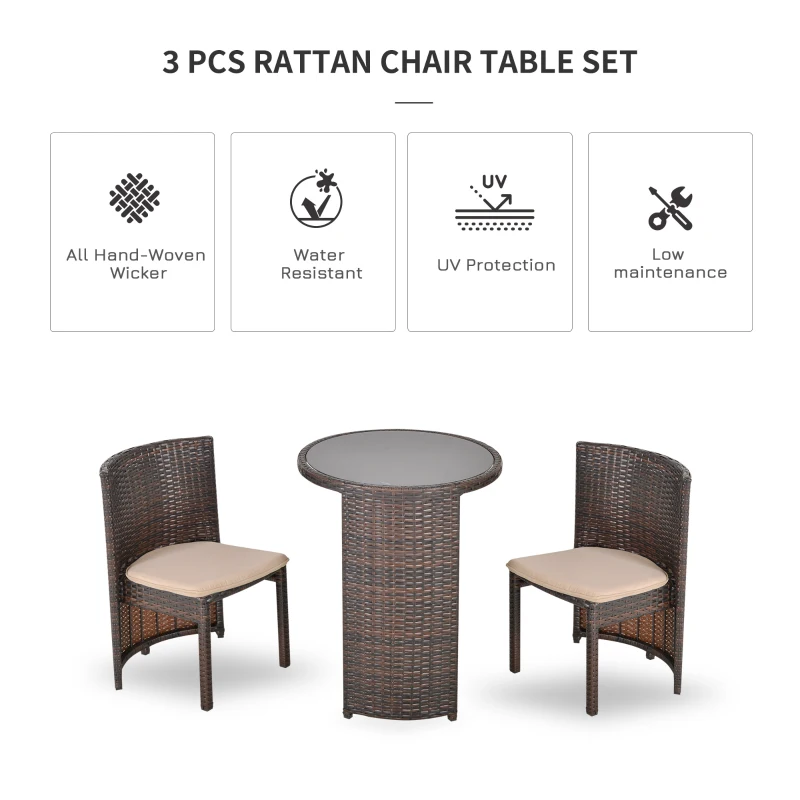 Outsunny 3 PCS Outdoor Rattan Wicker Bistro Set with Storage Shelf, Glass Top Table, Soft Cushioned Chairs and Space Saving Design, Patio Conversation Set for Garden Backyard Porch, Brown