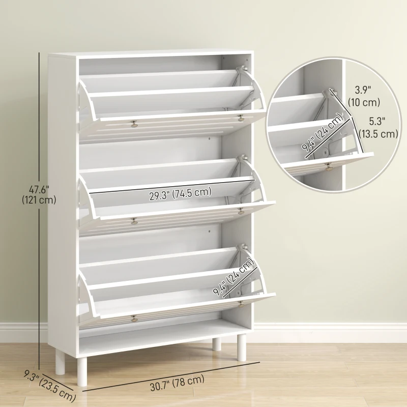 HOMCOM Narrow Shoe Storage Cabinet, 3 Flip Drawers, Adjustable Shelves, 18-24 Pairs Capacity, White