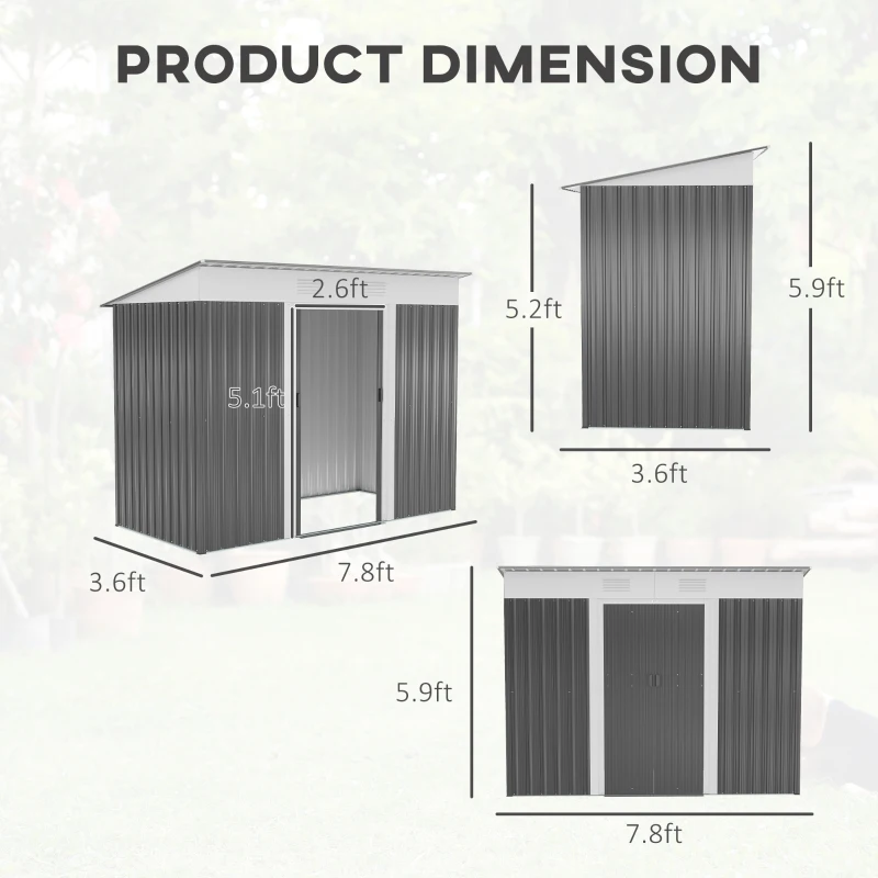 Outsunny 8' x 3.5' Metal Lean to Garden Shed, Outdoor Storage Shed, Garden Tool House with Double Sliding Doors, 2 Air Vents for Backyard, Patio, Lawn, Gray