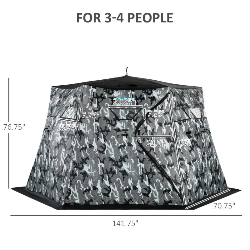 Outsunny 4 Person Insulated Pop-Up Ice Fishing Shelter, 360-Degree View, Portable Ice Fishing Tent Shanty with Carry Bag, Two Doors and Anchors for Low-Temp -22℉, Camouflage
