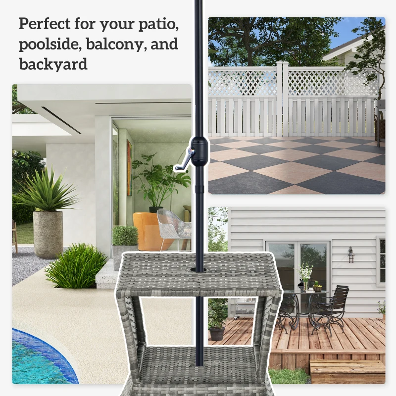 Outsunny Outdoor Side Table with Umbrella Hole, 2 Tier Rattan Wicker End Table with Storage Shelf, All Weather