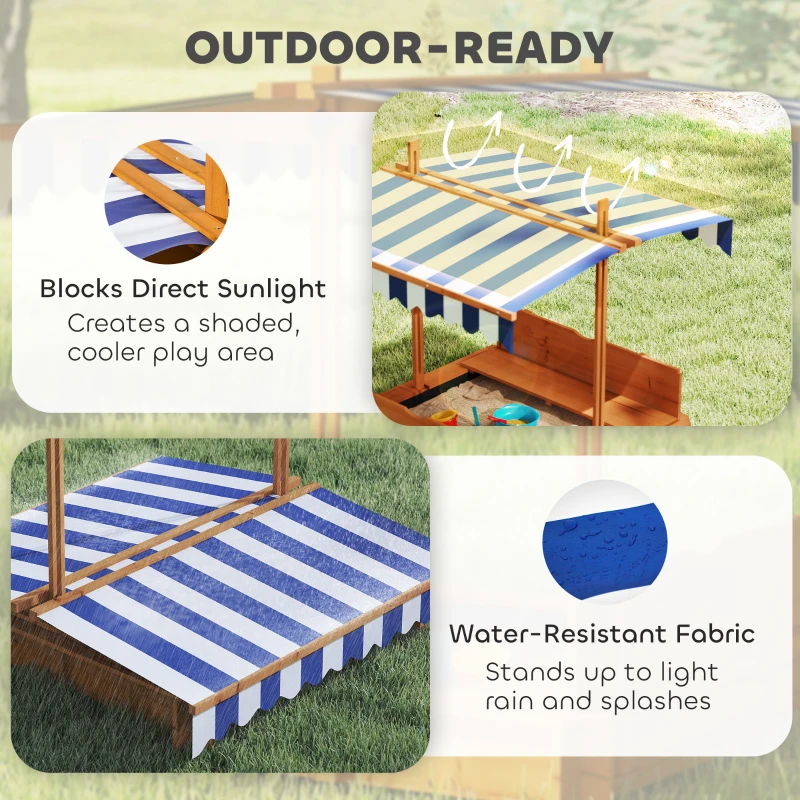 Outsunny Wooden Kids Sandbox with Cover, Children Outdoor Sand Box with Foldable Bench Seats and Adjustable Canopy, Brown