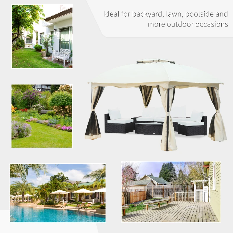 Outsunny 10x12ft Patio Gazebo Garden Pavilion Outdoor Canopy Tent Sun Shade 2 Tier Roof Hook w/ Curtain and Netting Steel Frame