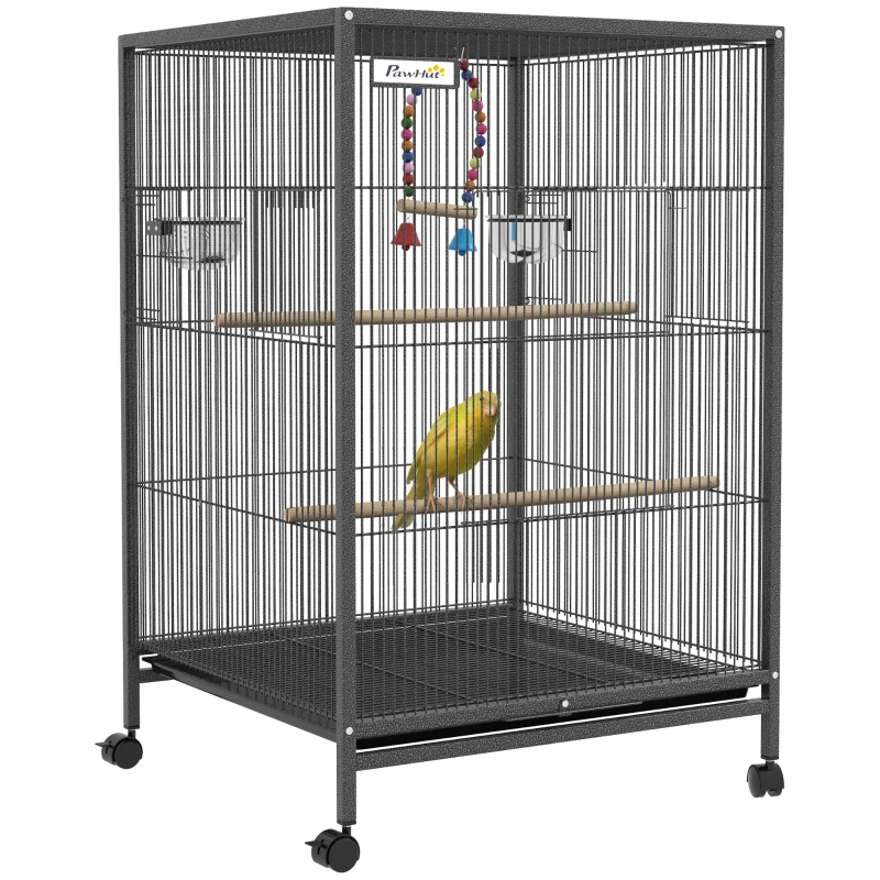 PawHut 31" Bird Cage for Parrots Lovebirds Budgies Finches, Flight Cage with 5 Doors, Swing, Stainless Steel Bowls, Removable Tray, Wheel, Grey