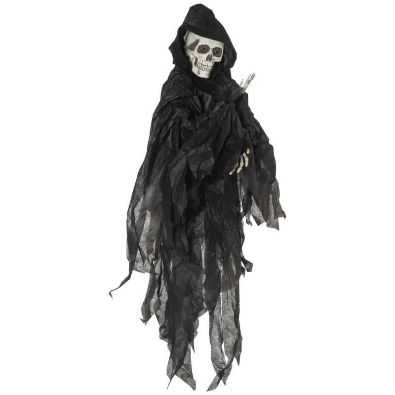 Outsunny 45" Outdoor Halloween Decorations Hanging Grim Reaper in Black Robe, Festival Animated Prop Décor with Sound and Motion Activated, Light Up Eyes