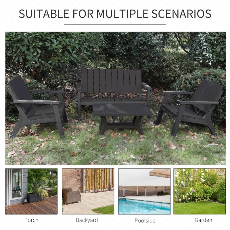 Outsunny 4-Piece Outdoor Patio Conversation Set Garden Furniture Set with Weather-Fighting PP Materials, Adirondack Comfort, & Coffee Table, Black