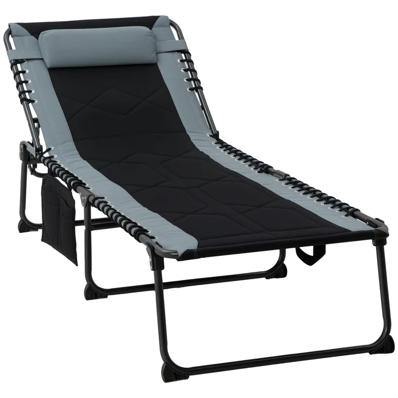 Outsunny Folding Chaise Lounge w/ 5-level Reclining Back, Outdoor Tanning Chair Lounge Chair w/ Padded Seat, Side Pocket, Headrest, Carry Strap, for Beach, Yard, Patio, Black