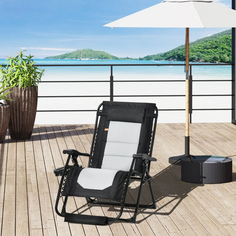 Outsunny Foldable Outdoor Lounge Chair with Footrest, Oversized Padded Zero Gravity Lounge Chair with Headrest, Side Tray, Cup Holders, Armrests for Camping, Lawn, Garden, Black