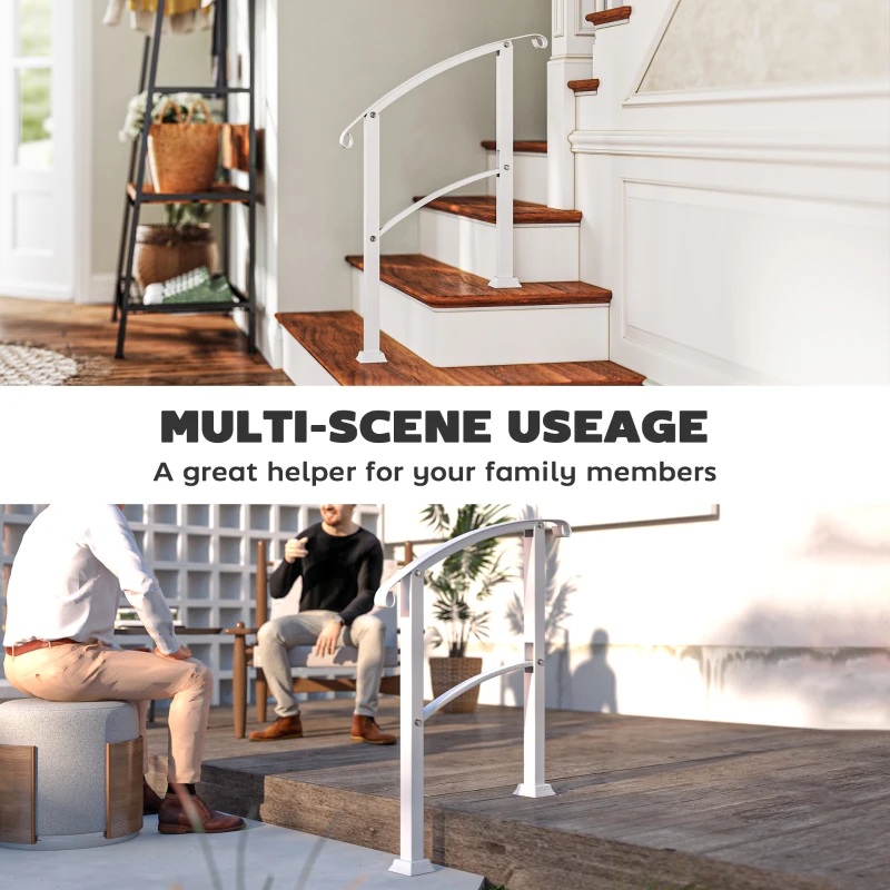 Outsunny 1-3 Step Metal Handrails for Outdoor Steps, Porch Deck Stair Railing with Installation Kit for Concrete Steps, White