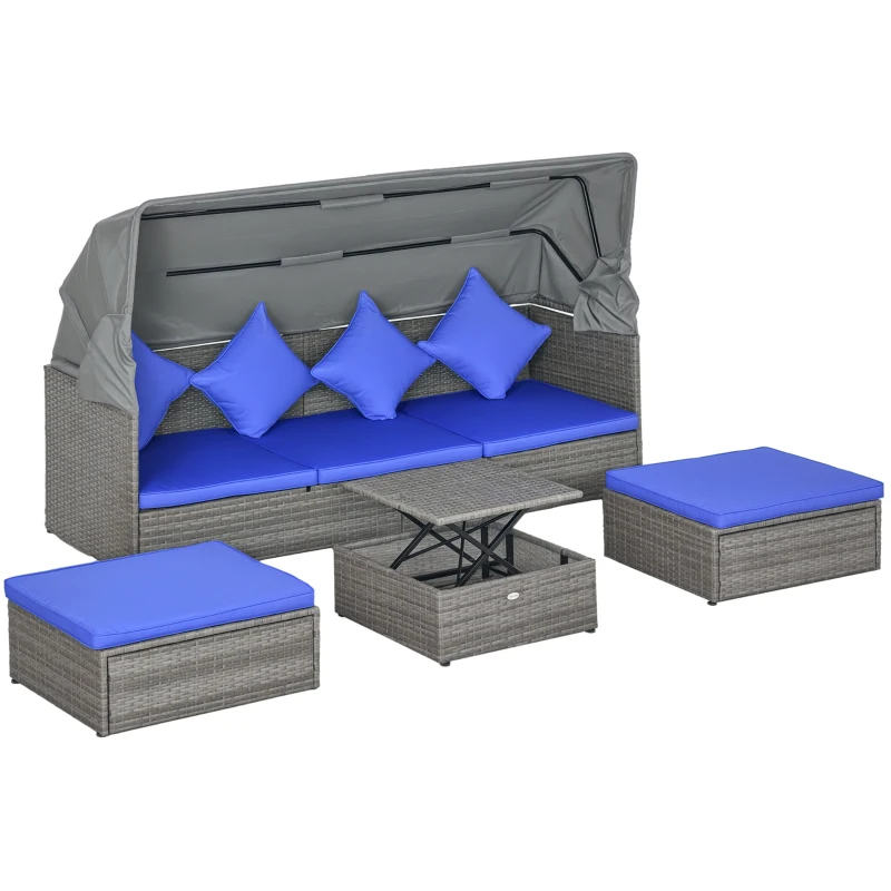 Outsunny 4 Piece Adjustable Canopy Outdoor Rattan Sofa Set w/ Height Adjustable Coffee Table & Cushions, Dark Blue