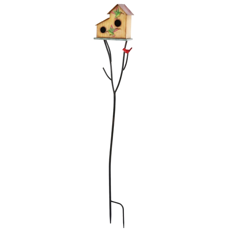 Outsunny 57" Outdoor Bird House with Pole, Metal Bird Houses for Outside, Double-Hole Birdhouse Outdoor Decoration, Yellow