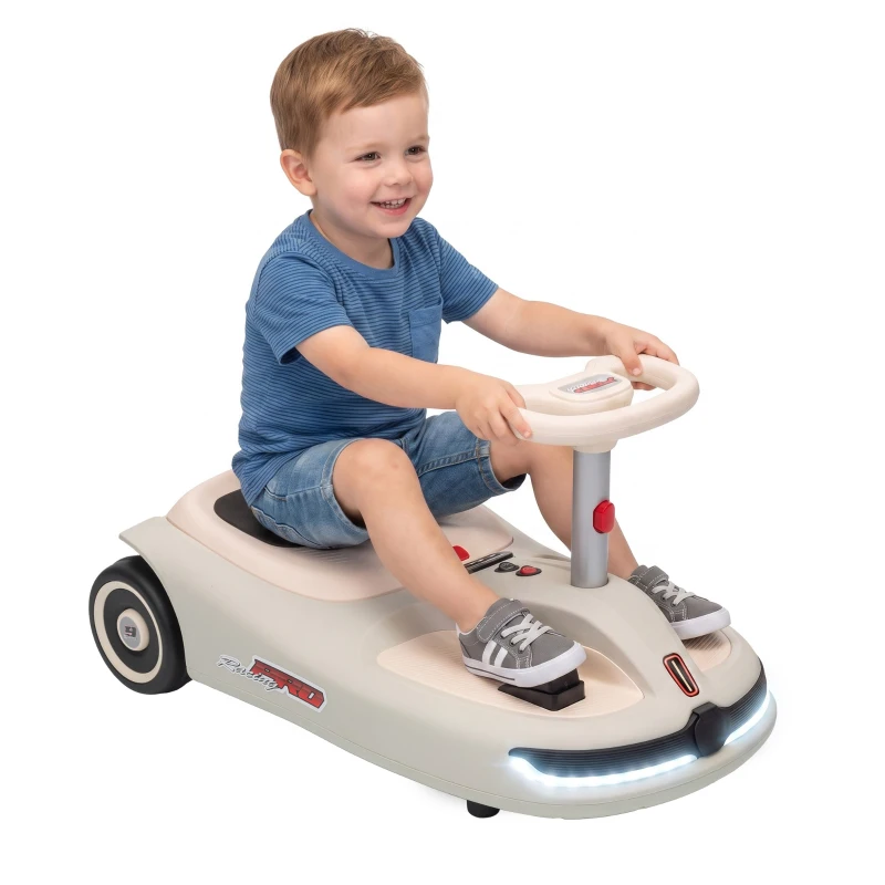 Qaba 12V Electric Wiggle Car with Convertible Steering Wheel Pull Handle, 2 Speed, Music, Lights for 3-5 Years, White