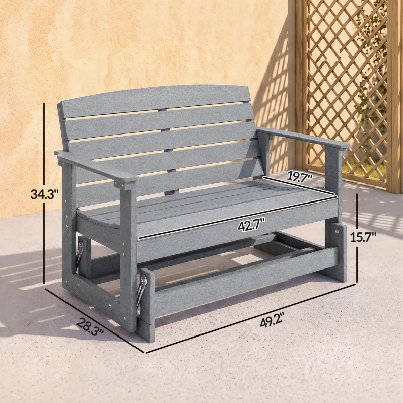Outsunny Patio Glider Bench w/ HDPE Slatted Double Rocking Chair, Light Gray