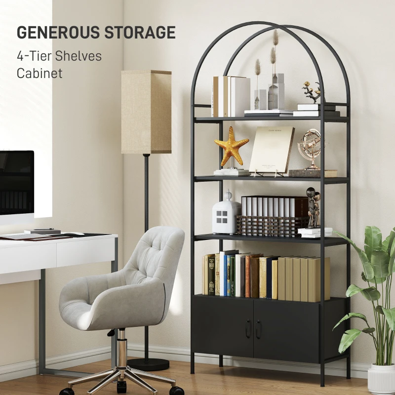 HOMCOM 4-Tier Arched Shelving Unit with Cabinet, Bookshelf for Living Room, Office, 31.5" x 11.8" x 73.6", Black