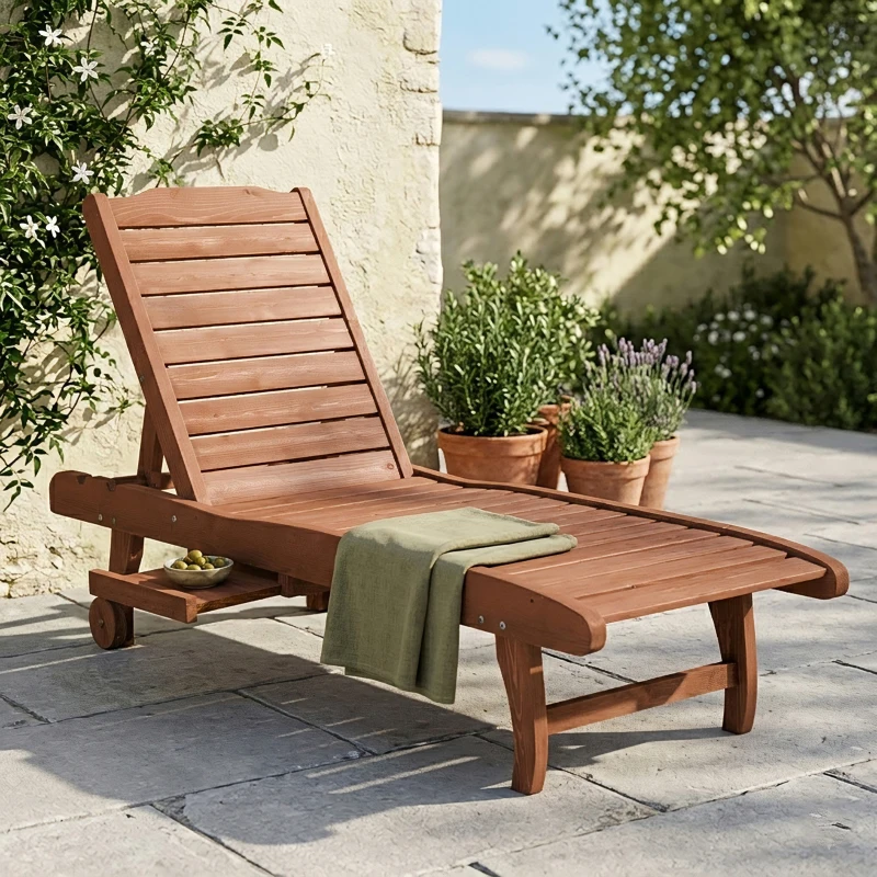 Outsunny Chaise Lounge Chair Outdoor Wooden Pool Lounge Chair with 3-level Adjustable Backrest, Built-In Table and Rolling Wheels