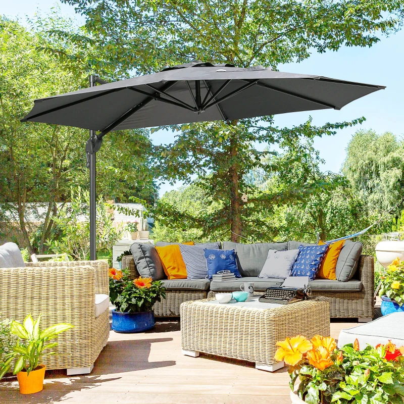 Outsunny 10ft Offset Patio Umbrella with Base, Hanging Aluminum and Steel Cantilever Umbrella with 360° Rotation, Easy Tilt, 8 Ribs, Crank, Cross Base for Poolside, Garden, Gray