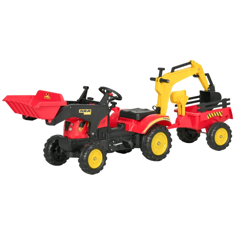 Aosom 3 in1 Kids Ride On Bulldozer Excavator Toy with 6 Wheels Controllable Cargo Trailer Easy Pedal Controls for 3-6 Years