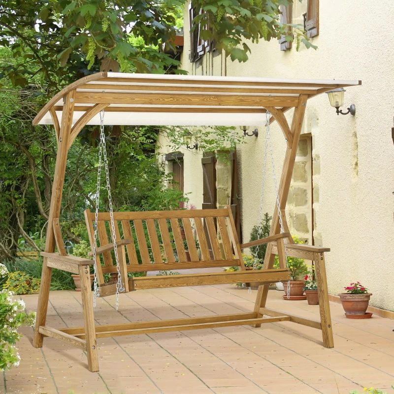Outsunny 2 Seater Patio Swing Chair with Canopy and Hanging Chains, Wooden Porch Swing Glider, Outdoor Swing Loveseat, for Garden, Poolside, Backyard