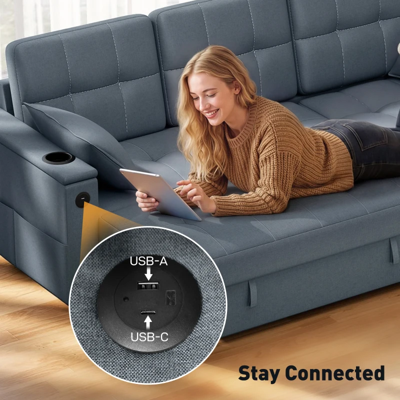 HOMCOM Convertible Sectional Sofa Bed, Pull Out Sleeper Sofa Couch with USB‑A+C, Chaise Storage, L-Shaped Futon Couch, Dark Grey