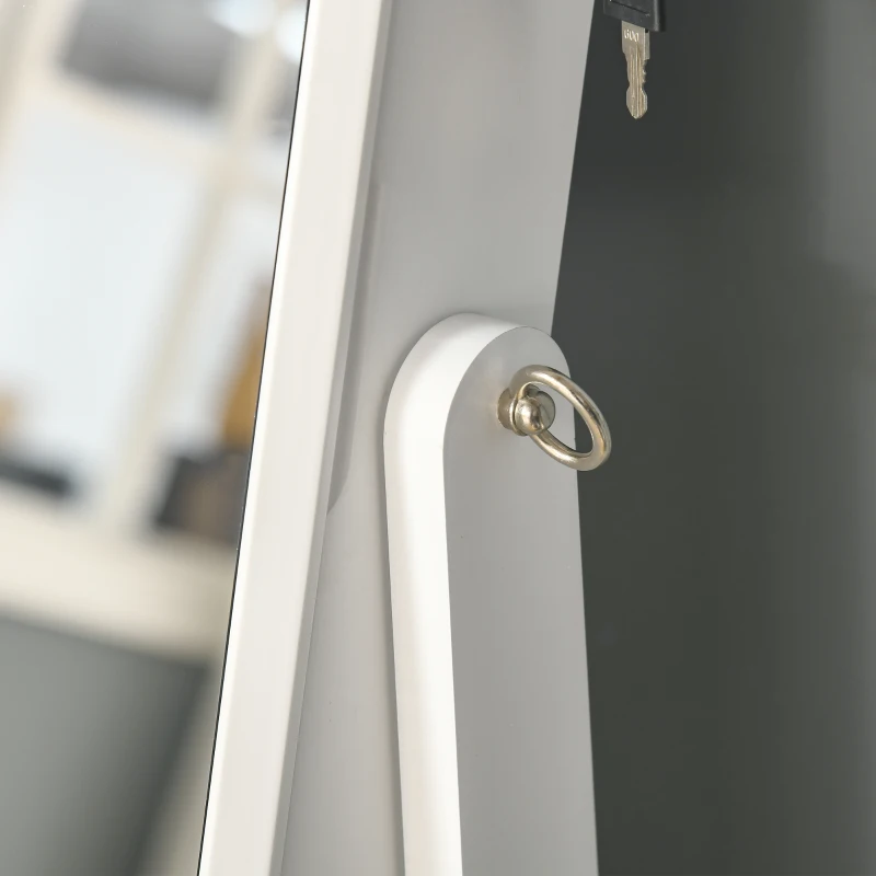HOMCOM Floor Standing Jewelry Cabinet, Lockable Jewelry Organizer with Full-Length Mirror, and 3 Adjustable Angles, White