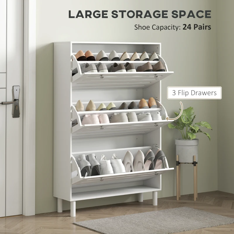 HOMCOM Narrow Shoe Storage Cabinet, 3 Flip Drawers, Adjustable Shelves, 18-24 Pairs Capacity, White