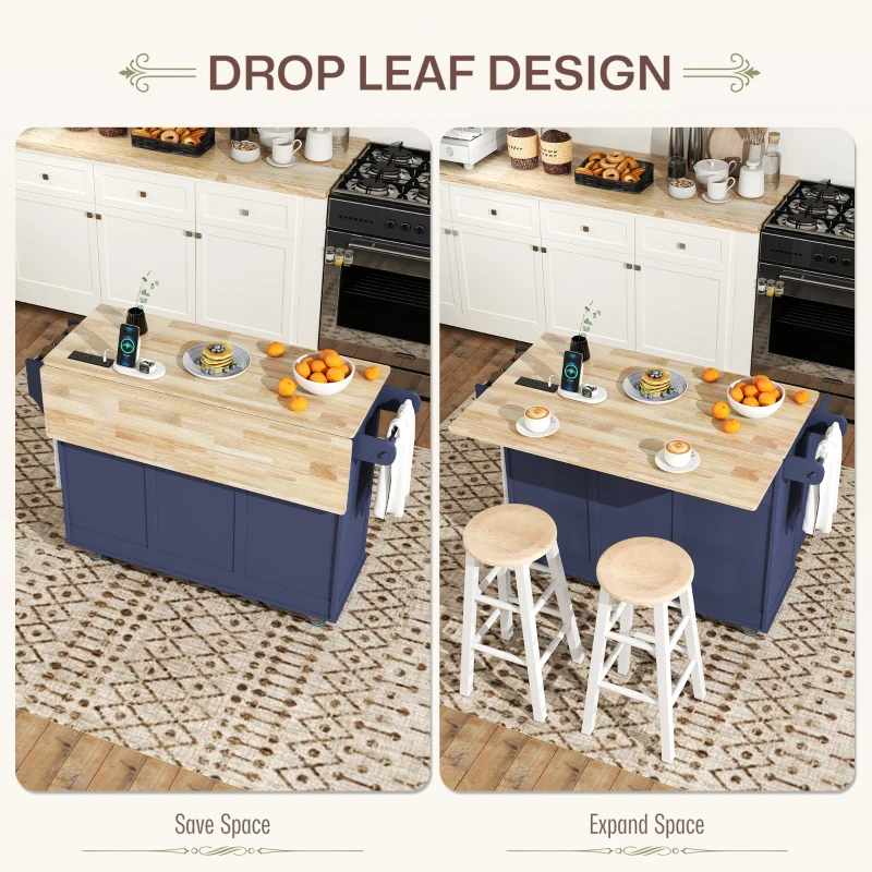 HOMCOM Kitchen Island on Wheels with Drop Leaf, Charging Station, Rolling Kitchen Cart with Wood Top, Adjustable Shelf, Blue