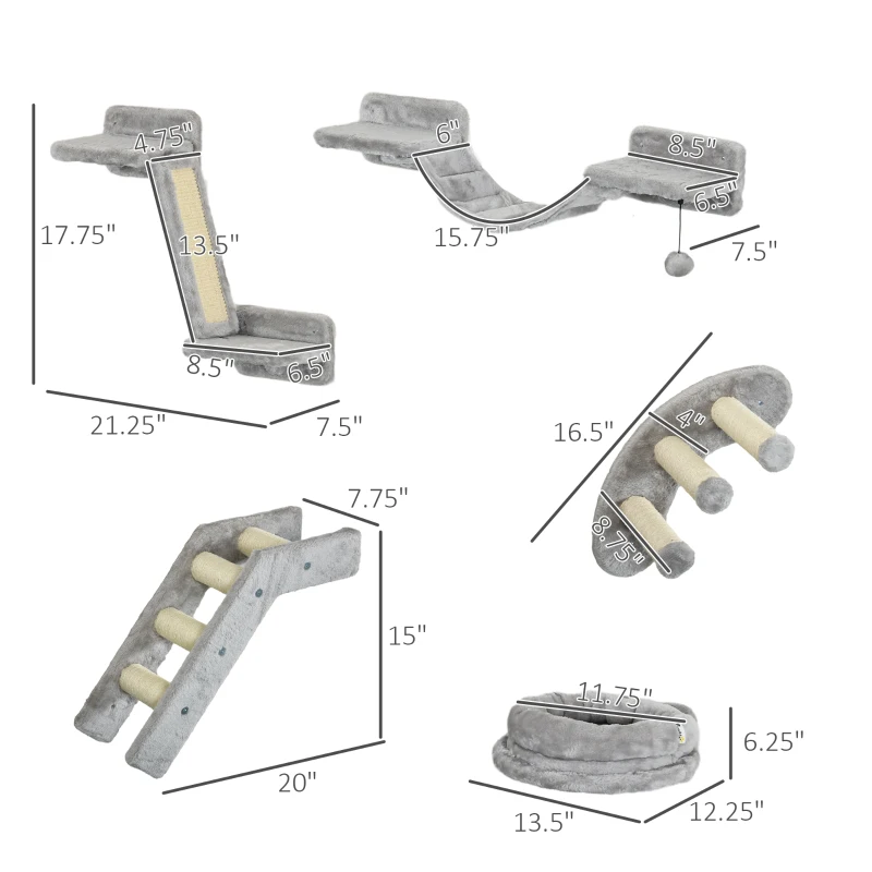 PawHut 5PCs Cat Wall Shelves with Steps, Perches, Ladders, Platforms, Gray