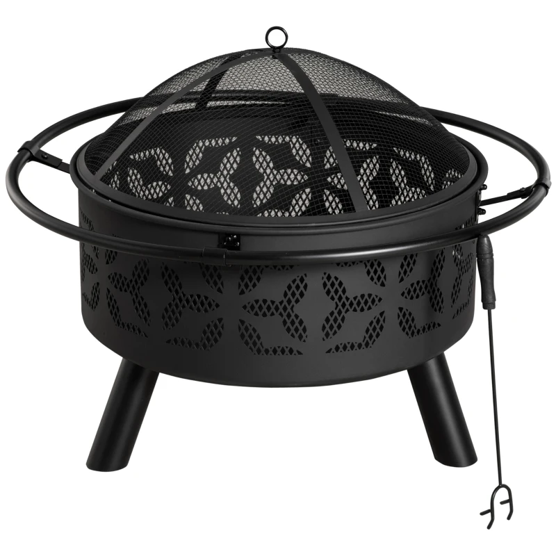 Outsunny 31" Outdoor Fire Pit, Portable Steel Wood Burning Bowl, Handle Ring, Poker, Spark Screen Lid for Patio, Backyard, Bonfire, Campfire, Black