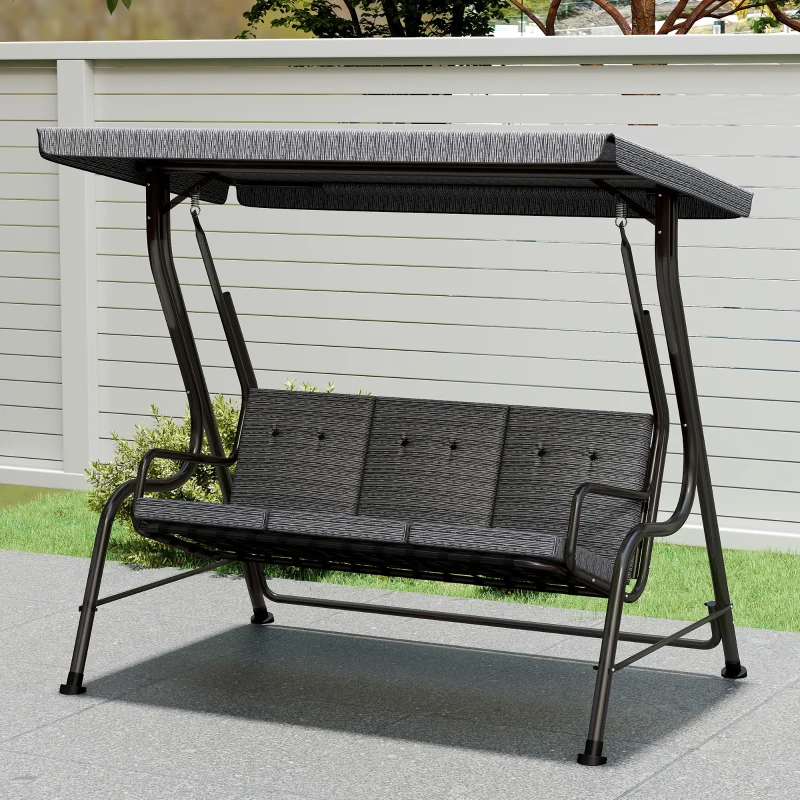 Outsunny 3-Seat Patio Swing Chair, Outdoor Swing Glider with Adjustable Canopy, Removable Thicken Cushion, and Weather Resistant Steel Frame, for Garden, Poolside, Backyard, Black