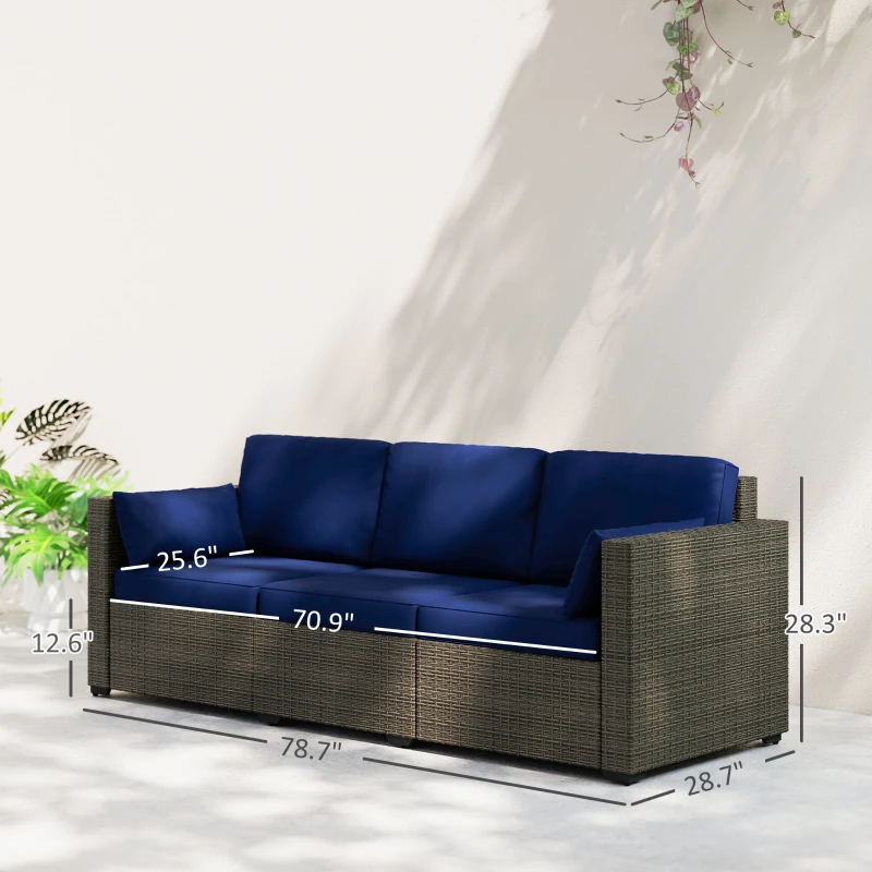 Outsunny Patio Couch PE Wicker Deep Seating Outdoor Sofa with Removable Cushions, 3 Seater Rattan Sofa, Navy Blue