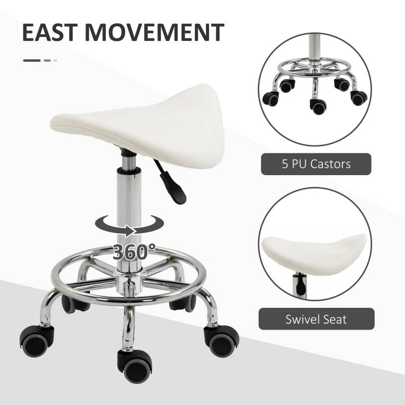 HOMCOM PU Leather Adjustable Stool, Rolling Saddle Stool with Wheels for Massage, Spa, Clinic, Beauty and Tattoo, White