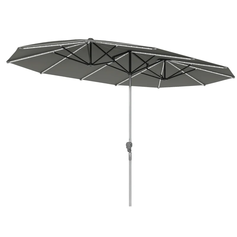Outsunny 15ft Double-Sided Outdoor Umbrella with Solar Lights, UPF50+ Extra Large Aluminum Patio Umbrella with Crank, Dark Gray