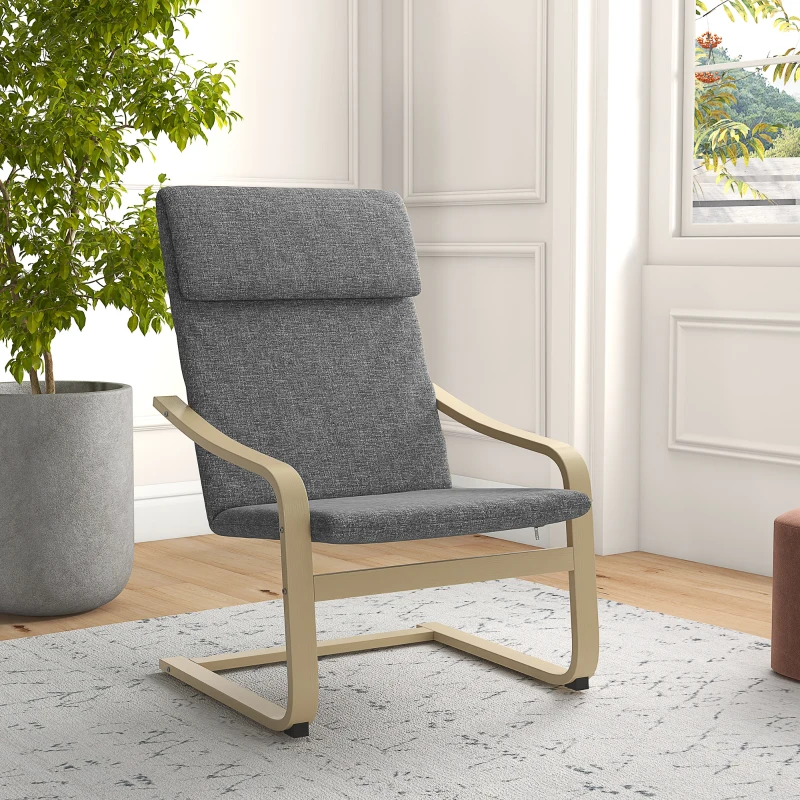 HOMCOM Modern Accent Chair, Linen-Feel Upholstered Living Room Chair with Wood Curved Legs for Balcony, Dark Grey