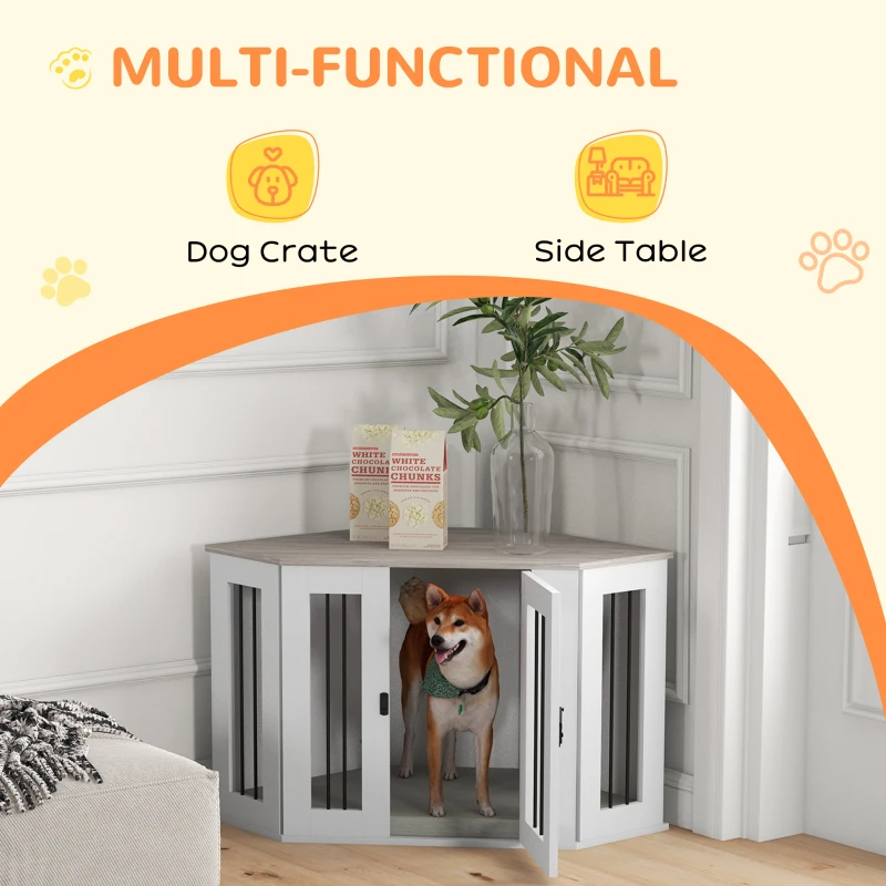 PawHut Dog Crate Furniture with Cushion, 41 Inch Corner Design Dog Crate End Table for Medium Dogs, Multi Colour