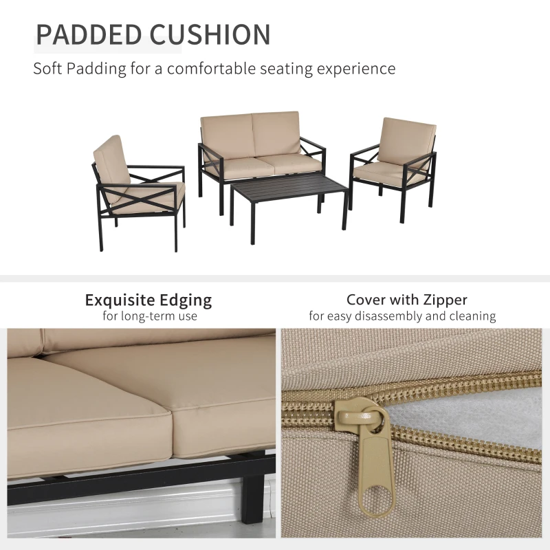 Outsunny 4-Piece Patio Furniture Set Garden Conversation Set with Soft Washable Cushions & Strong Steel Frame, Beige