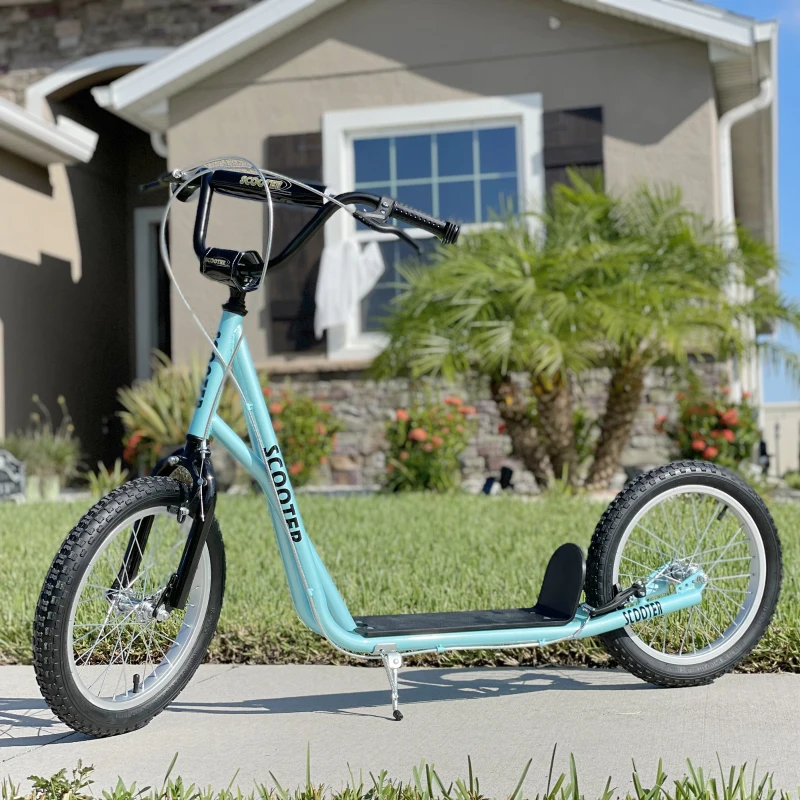 Aosom Youth Scooter Kick Scooter for Kids 5+, Max Load 220 LBS., with Adjustable Handlebar, 16" Inflatable Wheels, Dual Brakes, Blue