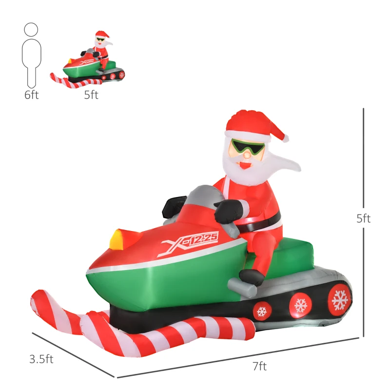 HOMCOM 7ft Christmas Inflatable Santa Claus Driving a Snowmobile, Outdoor Blow-Up Yard Decoration with LED Lights Display