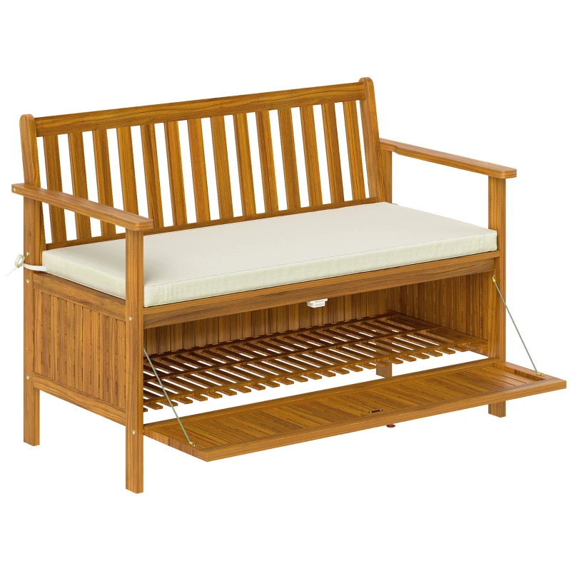 Outsunny Outdoor Bench with Storage Compartment, Acacia Wood Patio Bench with Cushion, 2 Seater Garden Bench, Teak