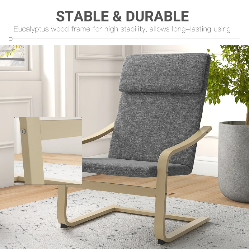 HOMCOM Modern Accent Chair, Linen-Feel Upholstered Living Room Chair with Wood Curved Legs for Balcony, Dark Grey