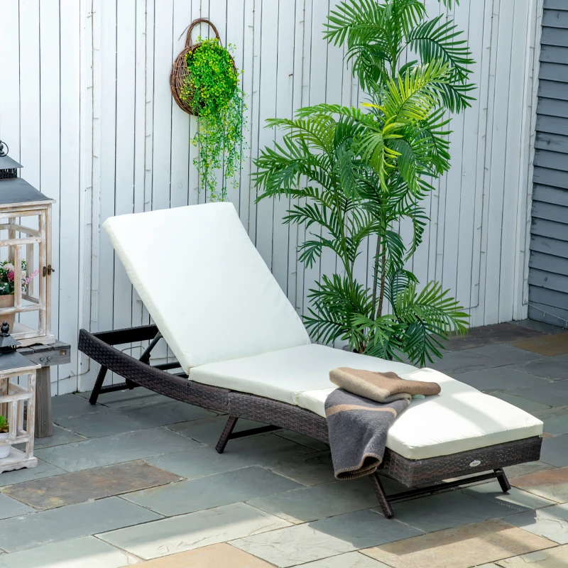 Outsunny Patio Chaise Lounge, Pool Chair with 5 Position Adjustable Backrest & Cushion, Outdoor PE Rattan Wicker Sun Tanning Seat, 78.75" x 24.75" x 35", Brown