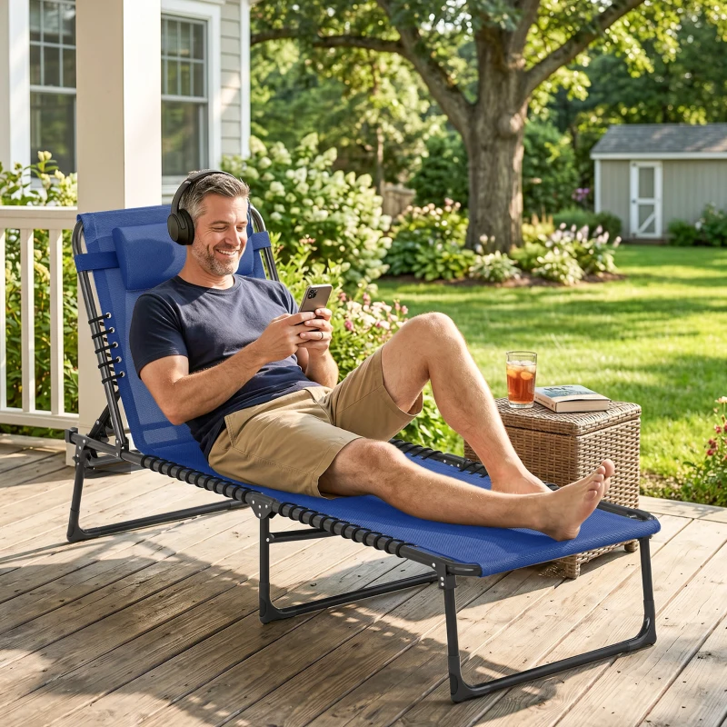 Outsunny Foldable Chaise Lounge, 4-Position Reclining Back, Trifold Portable design and Breathable Mesh for Poolside,Camping, Hiking - Navy Blue