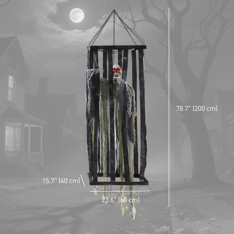 Outsunny Animatronics Hanging Skeleton Reaper in Cage, Voice-Activated Prop with Flashing Eyes, Easy Setup Indoor