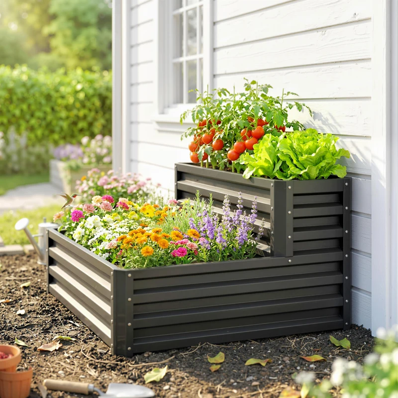 Outsunny 2 Tier Raised Garden Bed, 47" x 40" x 23" Galvanized Steel Planter Box for Vegetables, Flowers, and Herbs, Dark Grey