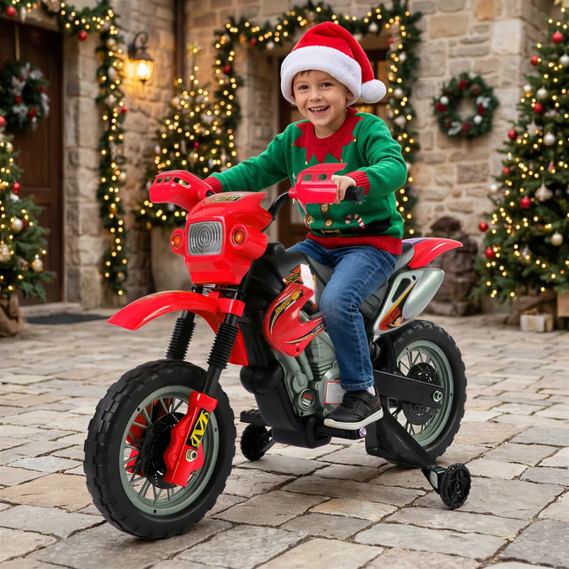 Aosom 6V Kids Motorcycle, Electric Motorcycle with Dirt Bike Style, Street Bike Design Battery Powered Ride On Toy with Training Wheels, Headlight, Music, Ages 5-8, Red