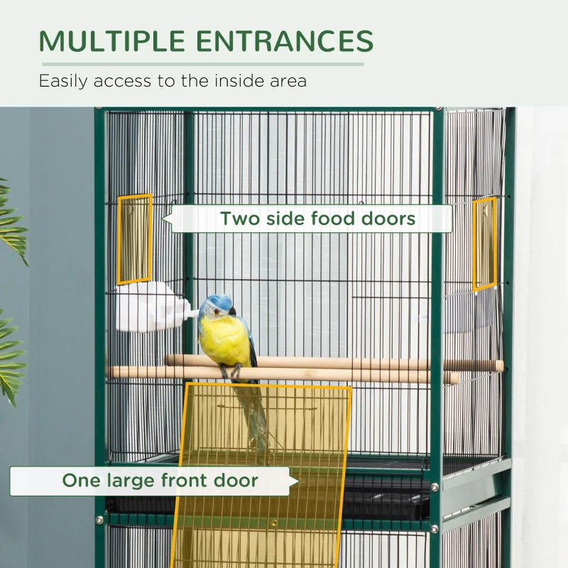 PawHut Large Bird Cage with 1.7 ft. Width for Wingspan, Bird Aviary Indoor with Multi-Door Design, Fit for a Canary, Finch, Conure, 55", Green