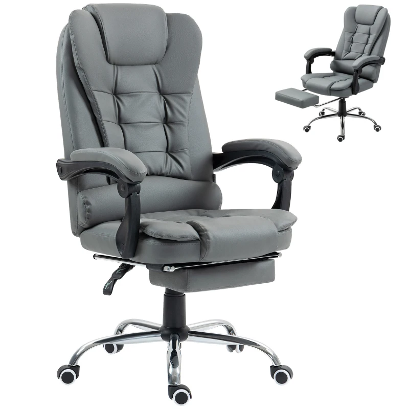 HOMCOM High Back Office Chair PU Leather Executive Office Chair with Retractable Footrest Padded Armrest Grey