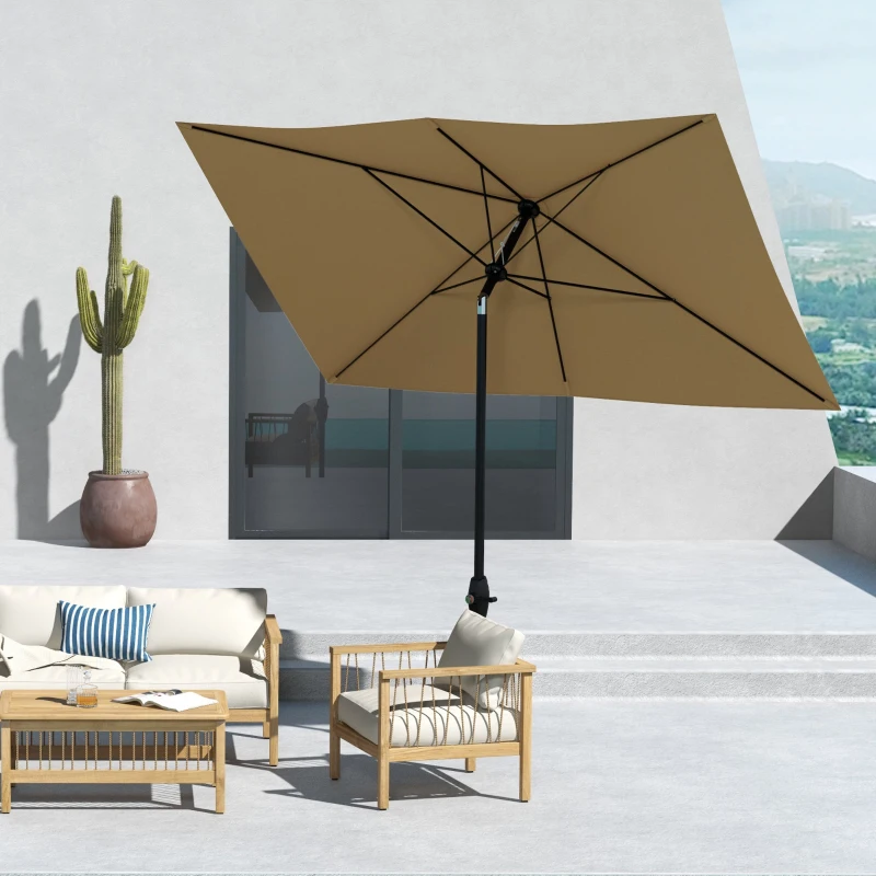 Outsunny 6.6' x 10' Rectangular Market Umbrella, Patio Outdoor Table Umbrella with Crank and Push Button Tilt, Coffee